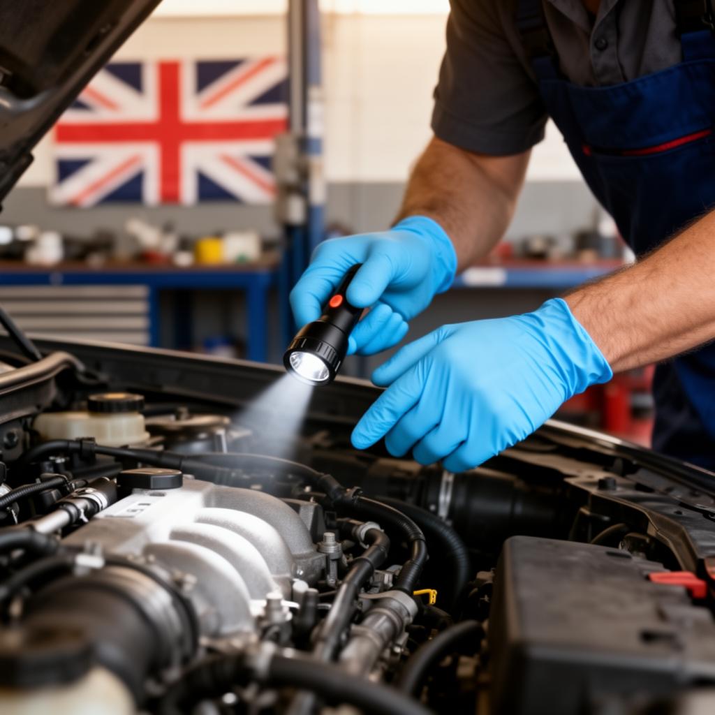 Mechanic inspecting an engine bay